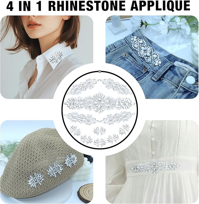 PEARLY JUN 11 Pcs Silver Rhinestone Applique Patches Pearl Rhinestone Patches Iron on Appliques for Dresses Hand Sewing Craft Projects DIY Wedding Clothes Shoes Hats Bags Embellishments