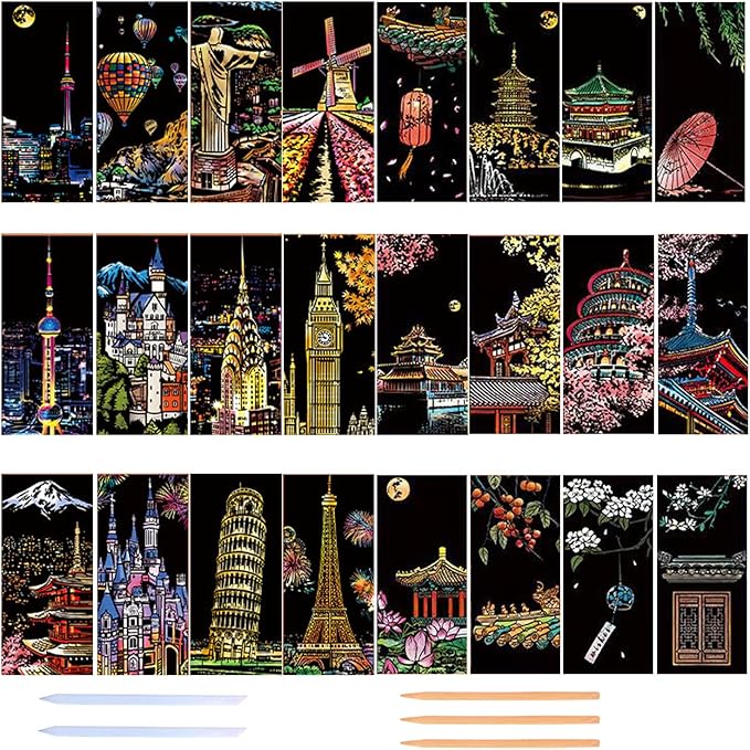 Georgie Porgy Scratch Paper Art Set for Kids Adults Magic Rainbow Scratchboards for DIY Arts and Crafts Kits Christmas Birthday Gift with Scratching Tools Kit (Bookmarks-Famous Scenery+Ancient Style)