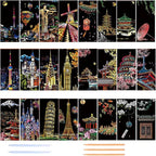 Georgie Porgy Scratch Paper Art Set for Kids Adults Magic Rainbow Scratchboards for DIY Arts and Crafts Kits Christmas Birthday Gift with Scratching Tools Kit (Bookmarks-Famous Scenery+Ancient Style)