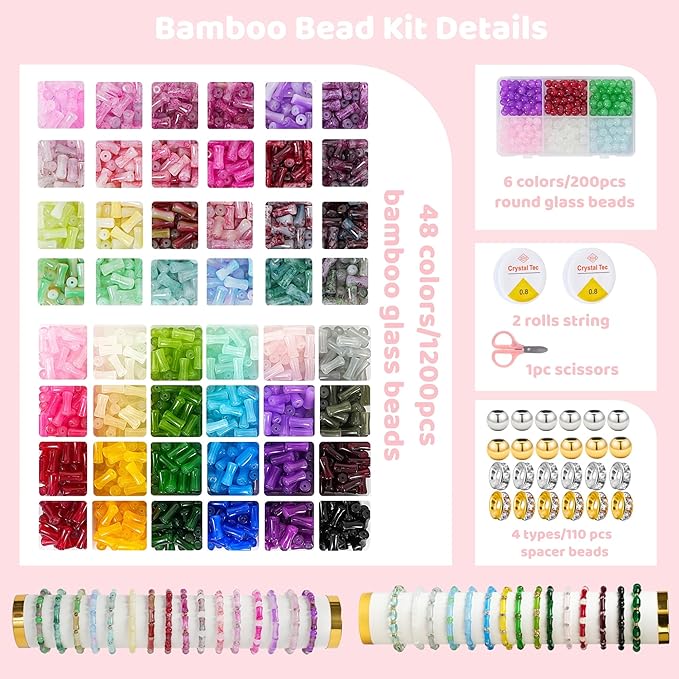 54 Colors 1500pcs Bamboo Glass Beads for Jewelry Making,6 * 12mm Glass Beads Bracelets Making Kit, 2 Types Natural Bamboo Crystal Beads for DIY Bracelet Necklace Crafts,Gifts for Girls Aged 6-15