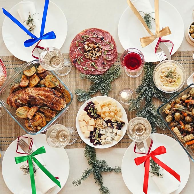 DECYOOL Christmas Ribbons, 4 Rolls 100 Yards Christmas Satin Ribbons 10mm Wide Holiday Craft Ribbons for Gift Wrapping and Xmas Decoration, Red & Green & Royal Blue & Champagne Gold