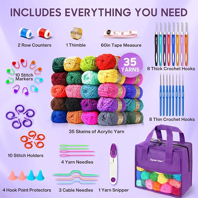 Crochet Kit, 1600 Yarns 35 Colors Acrylic Yarn Skeins, 53 PCS Crochet Hook Accessories and A Storage Bag, Yarn for Crocheting Suitable for Knitting, Knitting Kit Gift for Adult and Beginner, Purple