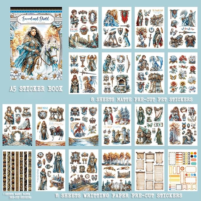 Dwpetzo Scrapbooking Sticker Book, 20 Sheets Pe-Cut PET, Washi Tape, and Craft Paper Stickers for Junk Journal Supplies, Journal Stickers for Journaling, Planner, Bujo, Collage (Sword and Shield)