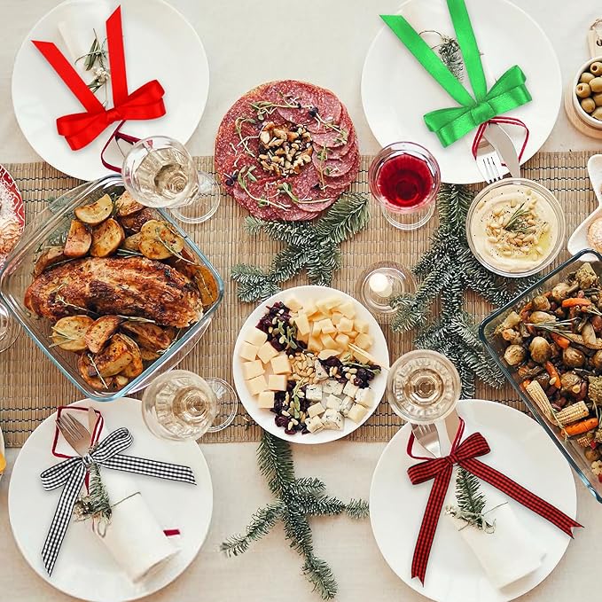 DECYOOL Christmas Ribbons, 4 Rolls 100 Yards Christmas Satin Ribbons 15mm Wide Holiday Craft Ribbons for Gift Wrapping and Xmas Decoration, Red & Green & Red Black Plaid & Black White Plaid