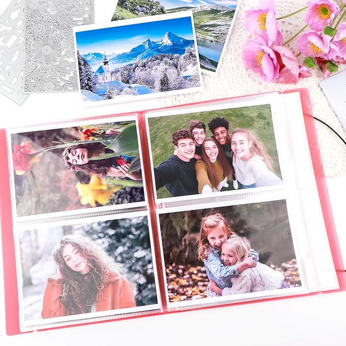 10 Pcs 0.3mm Magnet Sheets and 80 pockets/20 pages Storage Album for Stamp and Cutting Dies Storage Book Organizer Folder for Storage Die Cutting, DIY Scrapbooking Card Making Supplies (Red)