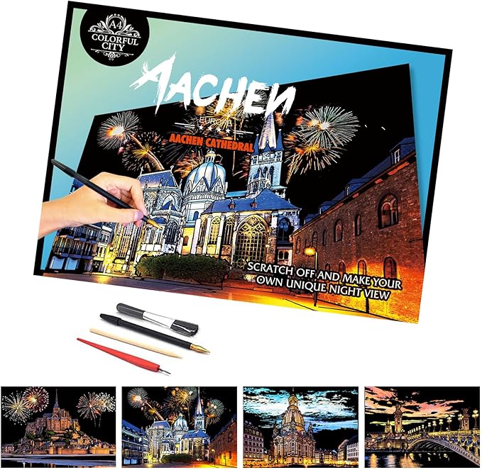 Scratch Art for Adults (4 Sheets A4),Family Creative DIY Painting Papers for Travel Lovers,Craft Lovers|Creative Scratch Art Adult (Aachen Germany) by Iskueal