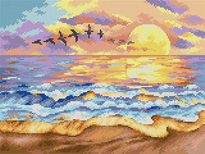 Wizardi Needlepoint Canvas for halfstitch Without Yarn Sunset Over The Sea 2381J Orchidea