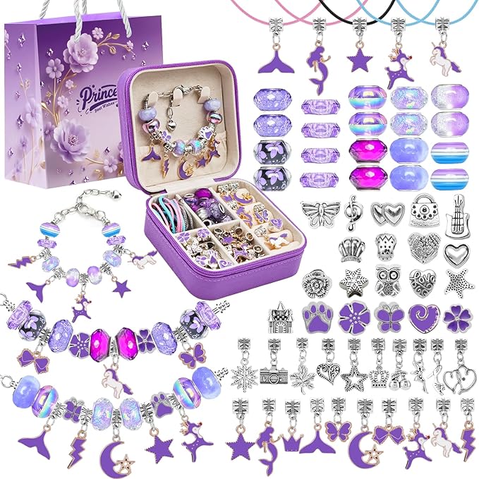 ONADEBY DIY Bracelet Kit with Beads & Charms - Friendship Jewelry Making Kit, A Perfect Birthday and Christmas Craft Gifts with Box Bag Packing (Purple)