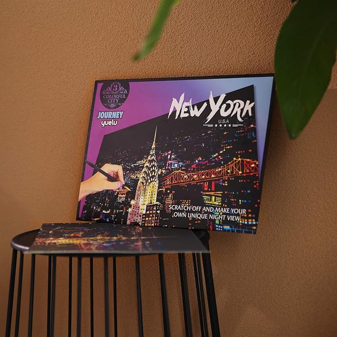 DESINIK Scratch Painting Art for Adults & Teens - 2 Sheets Rainbow Scratch Painting Kit, Scratch Painting Foil Art for Adults, Stress Relief Adult Craft Kits A3(New York & Canada)