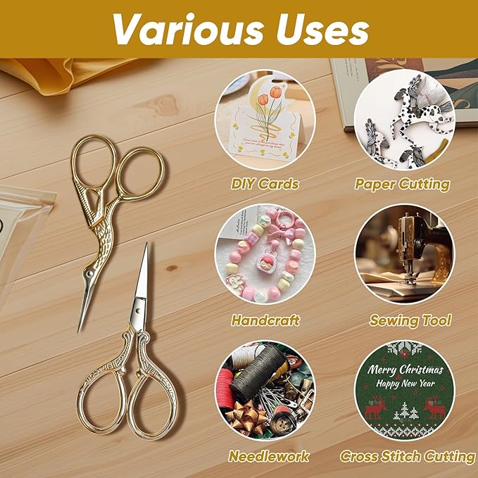 AQUEENLY Embroidery Scissors, Stainless Steel Sharp Stork Scissors for Sewing Crafting, Art Work, Threading, Needlework - DIY Tools Dressmaker Small Shears - 2 Pcs (3.6 Inches, Gold)