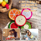 Handmade Yarn Coasters with Storage Basket – 5-Pack Soft Crochet Drink Coasters – Washable, Durable – Unique Gift for Coffee Lovers, Housewarming, Birthday (Fruit)