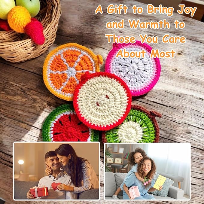 Handmade Yarn Coasters with Storage Basket – 5-Pack Soft Crochet Drink Coasters – Washable, Durable – Unique Gift for Coffee Lovers, Housewarming, Birthday (Fruit)