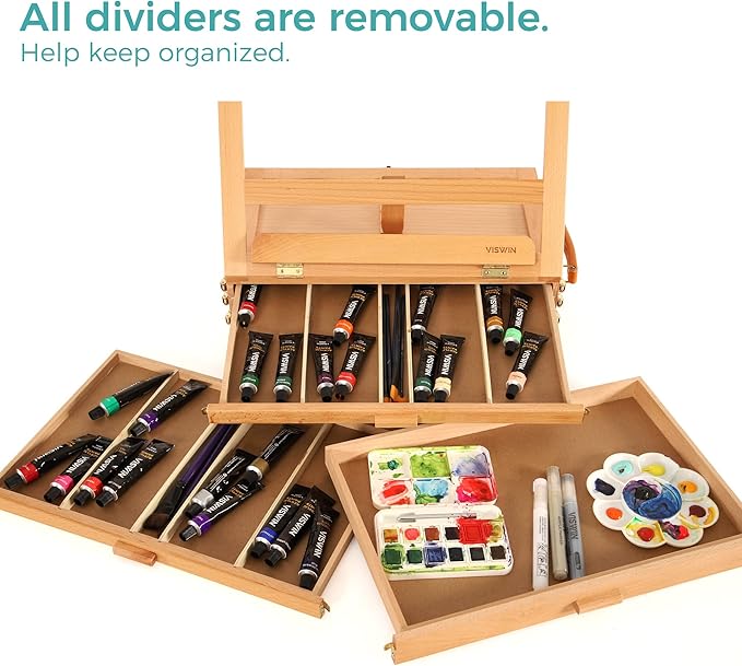 VISWIN Large Tabletop Easel with 3 Storage Drawers, Adjustable Beech Wood Table Top Easel for Painting, Portable Sketch Box for Art Supplies, Desktop Travel Art Easel for Adults, Artists, Students