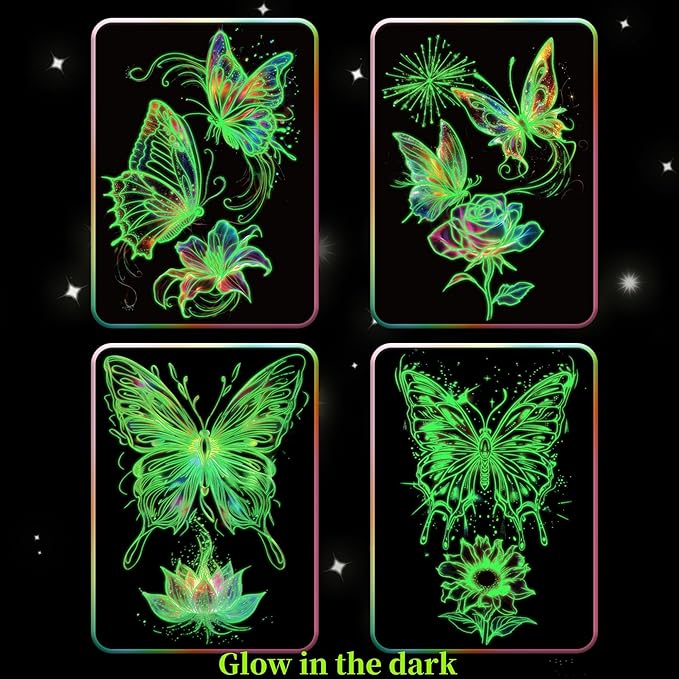 Georgie Porgy Scratch Paper Art Set for Kids Adults Magic Rainbow Scratchboards for DIY Arts and Crafts Kits Christmas Birthday Gift with Scratching Tools Kit (A4-Noctilucent Butterfly + Peacock)
