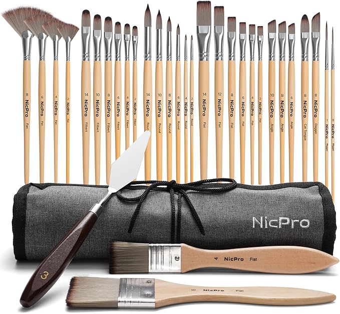 Nicpro 32pcs Paint Brush Set, Acrylic Paint Brushes, Professional Artist Series with Paint Spatula and Cloth Roll, Paintbrushes for Oil, Acrylic Canvas Paintings, Watercolor, Art Supplies