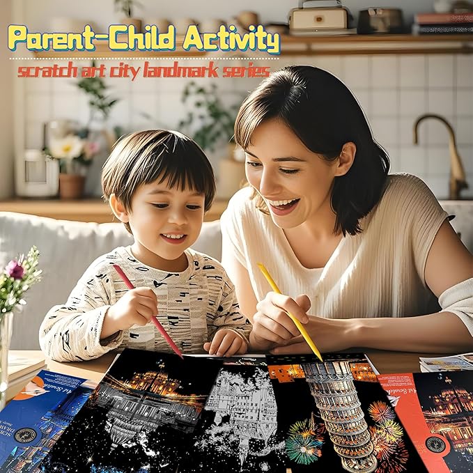 Scratch Art for Adults-Laser Scratch Painting Craft Kit (8 Sheets 16x11 in)|Foil Engraving Art Set|Stress Relief Gift for Travel Lovers,Craft Lovers|Creative Scratch Art Home Decor(Europe Series)