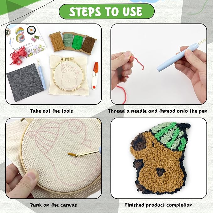 6pcs Capybara Punch Needle Coasters Kit for Beginners, Easy Art Work Embroidery Kit Latch Hook Kits for Adults, DIY Rug tufting kit with Adhesive Felt Yarns Hoop Instruction