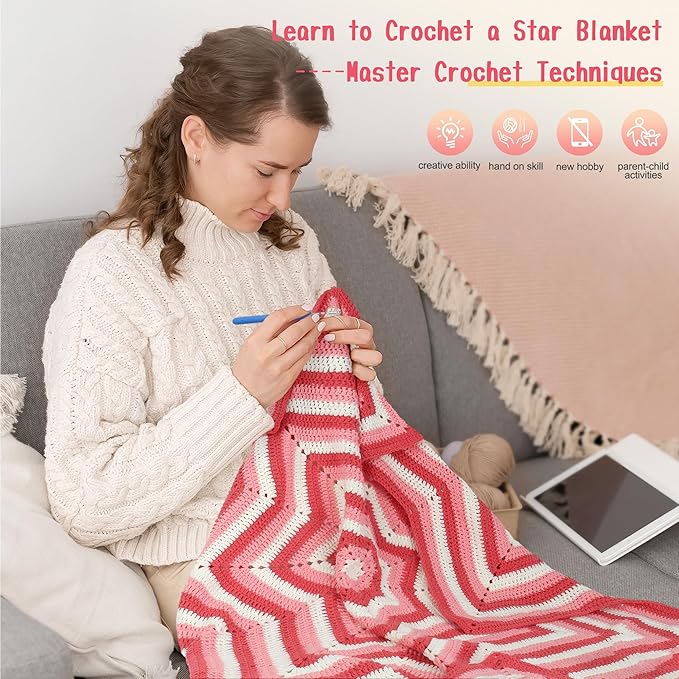 Katech Crochet Kit for Beginners, Learn to Crochet Granny Square Star Blanket Kits w/Step-by-Step Video Tutorials-Complete Beginner Crocheting Kit for Adults Kids-Easy Knitting Kit w/Enough Soft Yarn