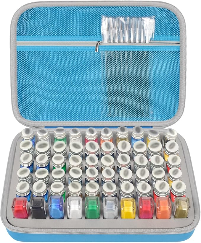 Model Paint Storage Case for Testors Paint Set, Paints Organizer Carrying Bag Holds 60 Bottles with 9 Fine Detail Miniatures Brushes, Enamel Paint Container, Drawing Ink Holder- Box Only (Blue)