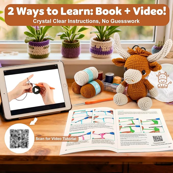 Faircosy Learn to Crochet Beginner Kit: All in One Highland Cow Crochet DIY Kit with Yarn, Crochet Hooks, Video Guide - Make Adorable Cow for Women, Teens & Adults - Great Learning Craft Gift