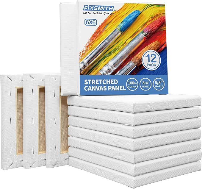 FIXSMITH Stretched White Blank Canvas- 6 x 6 Inch,Bulk Pack of 12,Primed,100% Cotton,5/8 Inch Profile of Super Value Pack for Acrylics,Oils & Other Painting Media.