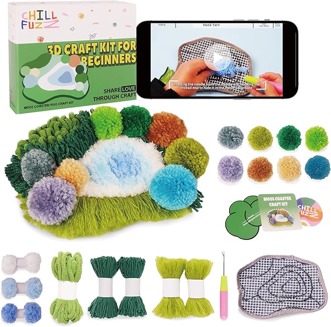 ChillFuzz Latch Hook Kits for Adults - Kids Crochet Kit for Beginners Arts and Craft Kit Moss Rug Coaster Green Latitude37N