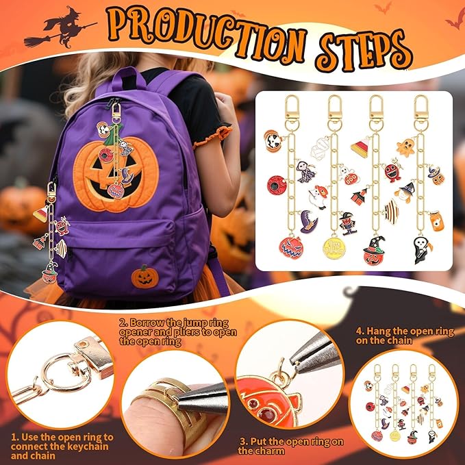 AUGSUN 189Pcs Halloween Keychain Making Kit, Charm Making Crafts 60 Halloween Charms 12 Keychain Clips Hooks 15 Extender Chains 100 Jump Ring for Crafts Accessories Holiday Gifts
