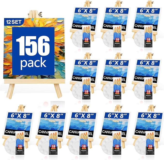 AROIC Canvas and Easel Set,Art Painting Set with 156 Pack (12 PCS 9" Wood Easels, 120 Brushes, 12 Canvas Boards and 12 Palette) Painting Supplies kit for Kids & Adults to Painting Party