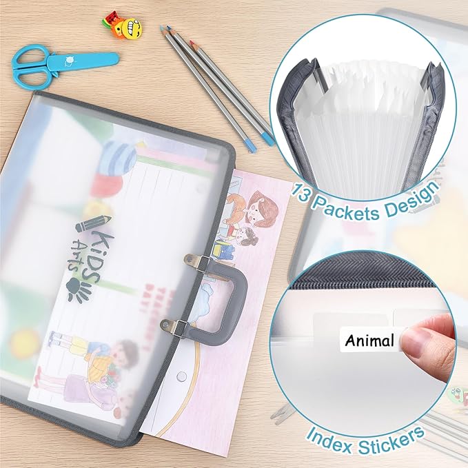 BTSKY 1 Pack A3 Art Portfolio - 11x17 Inch Zippered Accordion File Organizer with 13 Pockets, Portable Portfolio Folder with Zipper Closure & Sticky Labels for Artworks, Documents, Paintings