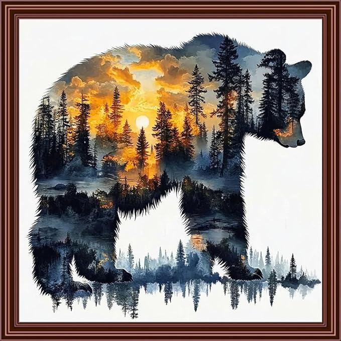 Dimensean Counted Cross Stitch Kit for Beginners, 11CT Unprinted Cross-Stitch Kit Easy Patterns Needlepoint Kit Cross Stitching Embroidery Kit Supplies-Abstract Bear Landscape 18x18 inch
