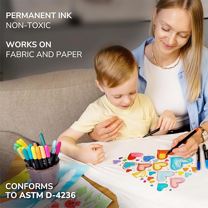 Zenacolor 32 Fabric Markers Pens - Non Toxic, Indelible and Permanent Fabric Paint Pens - Fine Point Tip Textile Marker Pen
