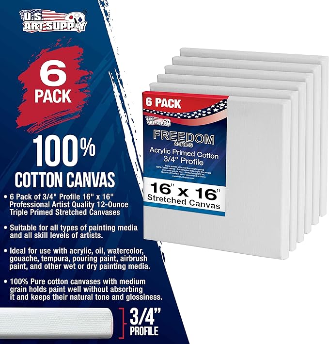 U.S. Art Supply 16 x 16 inch Stretched Canvas for Painting, 12oz Triple Primed, 6-Pack - Professional Artist Quality White Blank 3/4" Profile, 100% Cotton, Heavy-Weight Gesso - Acrylic Pouring, Oil