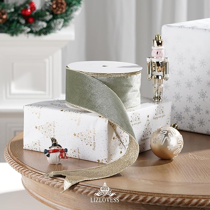 Sage Green Velvet Wired Ribbon with Glitter Back 2.5 Inch Green and Gold Christmas Ribbon Wired Ribbon for Christmas Tree, Gift Wrapping, Crafts, Wreaths Supplies, Topper Bows (10 Yards)