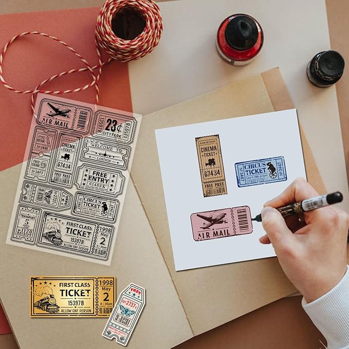 GLOBLELAND Vintage Ticket Clear Stamp for Scrapbooking Train Airplane Tickets Silicone Stamps Tag Frame Transparent Stamp for Card Making DIY Embossing Journaling