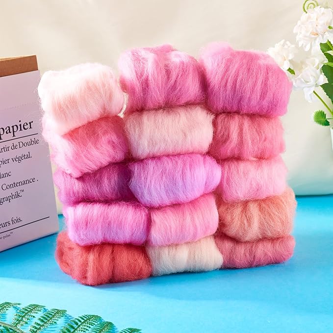 FASHEWELRY 2.6 OZ Wool Felting Set for DIY Craft, Pastel Nature Wool Roving Needle Felting Wool Roving for Needle Felting Wet Felting DIY Hand Spinning (15 Colors)