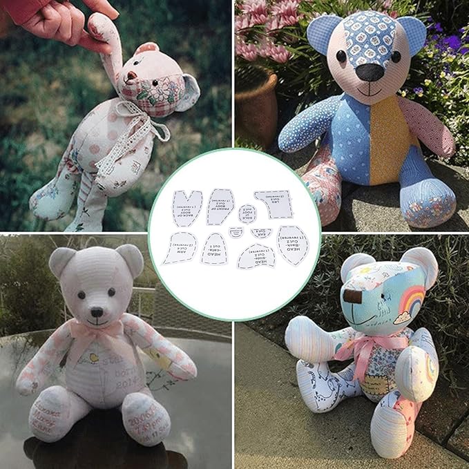 10Pcs Bear Sewing Patterns for Beginners, DIY Bear Sewing Template, Sewing Patterns Reusable Memory Bear Patterns for Sewing