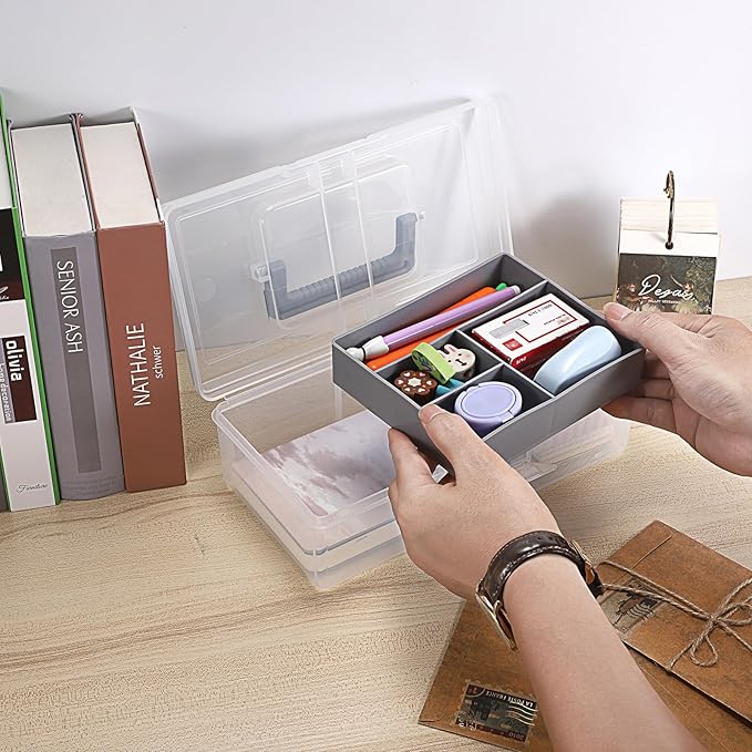 JUXYES 2 Pack Plastic Carry Storage Box with Removable Dividers, Clear Art Craft Supply Storage Bin Sewing Box with Handle Lid, 2 Layers Stationery Storage Case for School/Office Supplies Gray