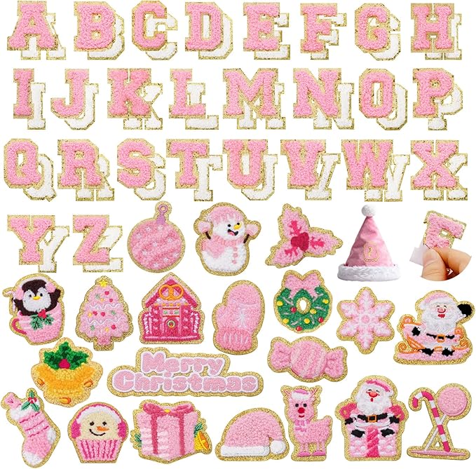 72 Pcs Pink Christmas Patches Chenille Christmas Letter Patches Self Adhesive Embroidered,Include 52 A-Z Letters Stick on Patch,20 Winter Cute Snowman Wreath Snowflake Stickers for Backpacks