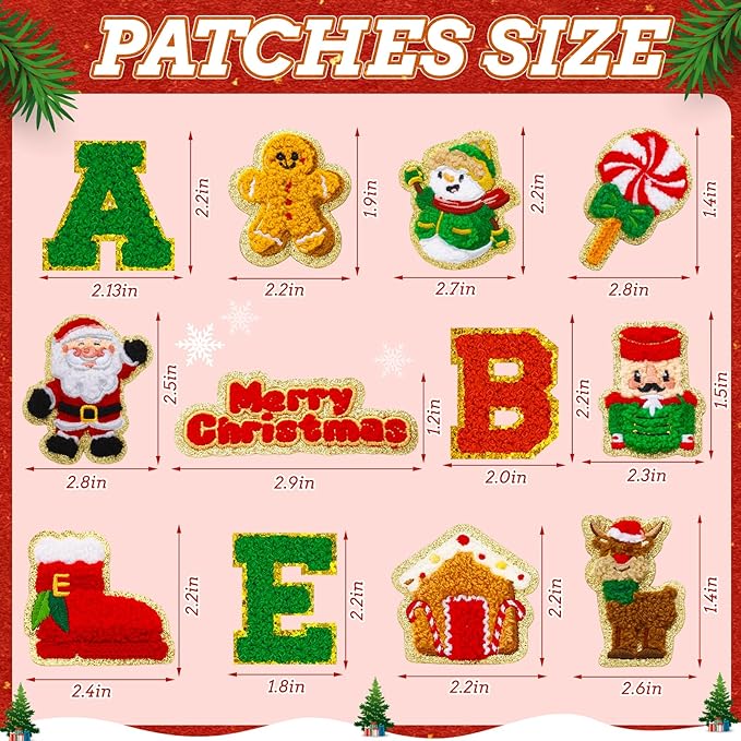 72 Pcs Red and Green Christmas Patches Embroidered Winter Christmas Letter Patches Self Adhesive,Include 52 A-Z Letters Patch,20 Winter Snowman Wreath Penguin Stick on Letter Stickers for Backpacks