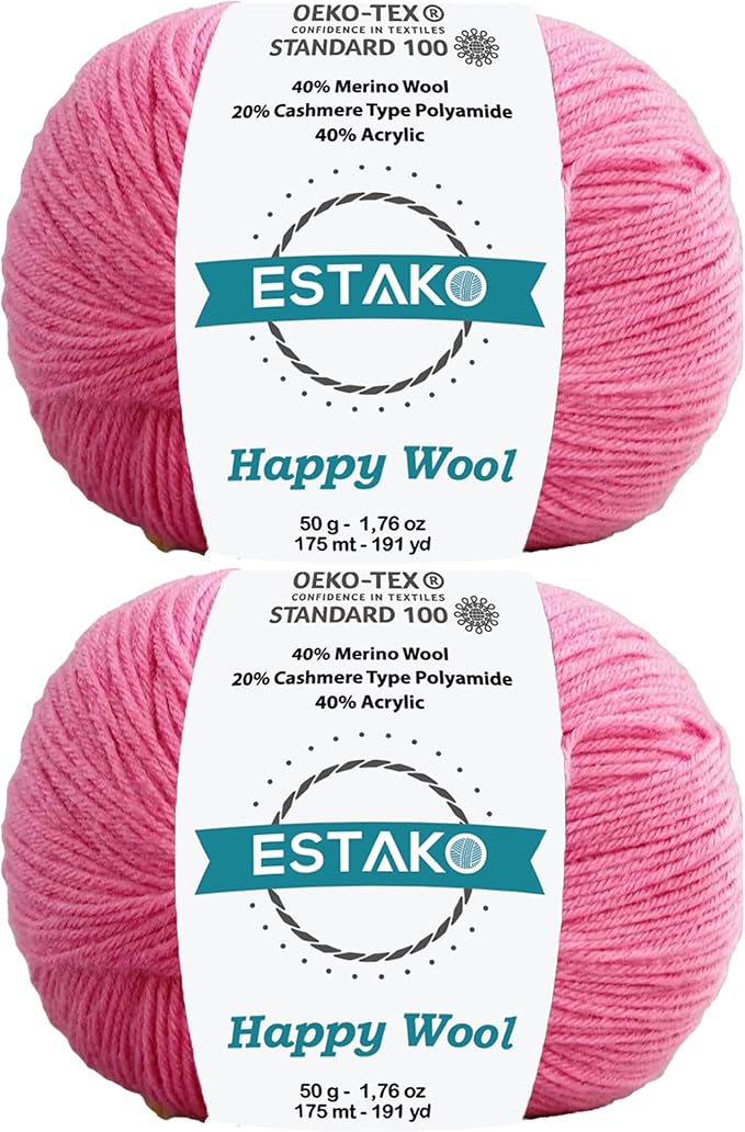 Estako Happy Wool (2 Skeins Pack) 40% Merino Wool 20% Cashmere Type Polyamide 40% Acyrlic Fingering Weight Soft Knitting and Crochet Yarn (2 x 1.76 oz) (2 x 191 yds) (8031 - Rose Pink)