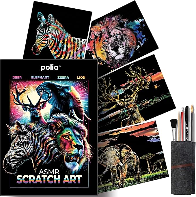 Polia ASMR Glitter Scratch Art Set (Satisfying) 5-Pack Canvas (4 Animals, 1 Freestyle, 1 Toolkit) - Art Supplies, Tools & Repair Pen - Large 16x11 inches - Relaxing Etch Sound Art Kit