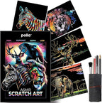 Polia ASMR Glitter Scratch Art Set (Satisfying) 5-Pack Canvas (4 Animals, 1 Freestyle, 1 Toolkit) - Art Supplies, Tools & Repair Pen - Large 16x11 inches - Relaxing Etch Sound Art Kit