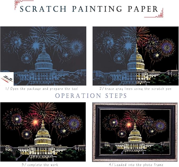 Scratch Painting Rainbow Paper by BOTEEN, Sketch DIY Art Craft City Series Night View Creative Gift, Scratchboard for Adults and Kids ,Craft Kits with 4 Tools (A4- 4pack）