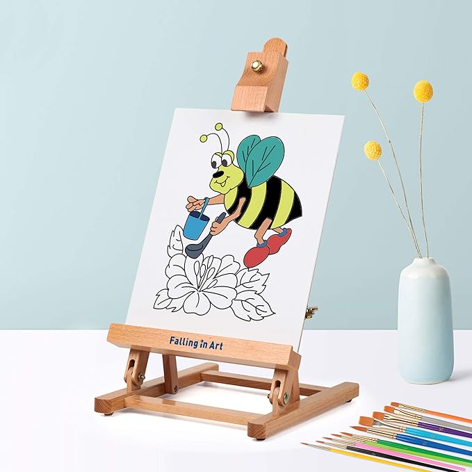 Falling in Art Painting Set for Kids with Table Easel-Acrylic Painting Starter Kit with Art Smock, 12 Acrylic Paints, 12 Water Soluble Colored Pencils, Paint Brushes, Canvas Panels and Watercolor Pad