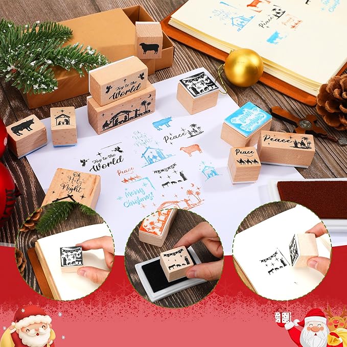 Woanger 15 Pcs Christmas Wooden Rubber Stamps and Craft Ink Pads Nativity Religious Christmas Craft Pads for Scrapbooking DIY Stamps Paper Wood Fabric Advent Holiday
