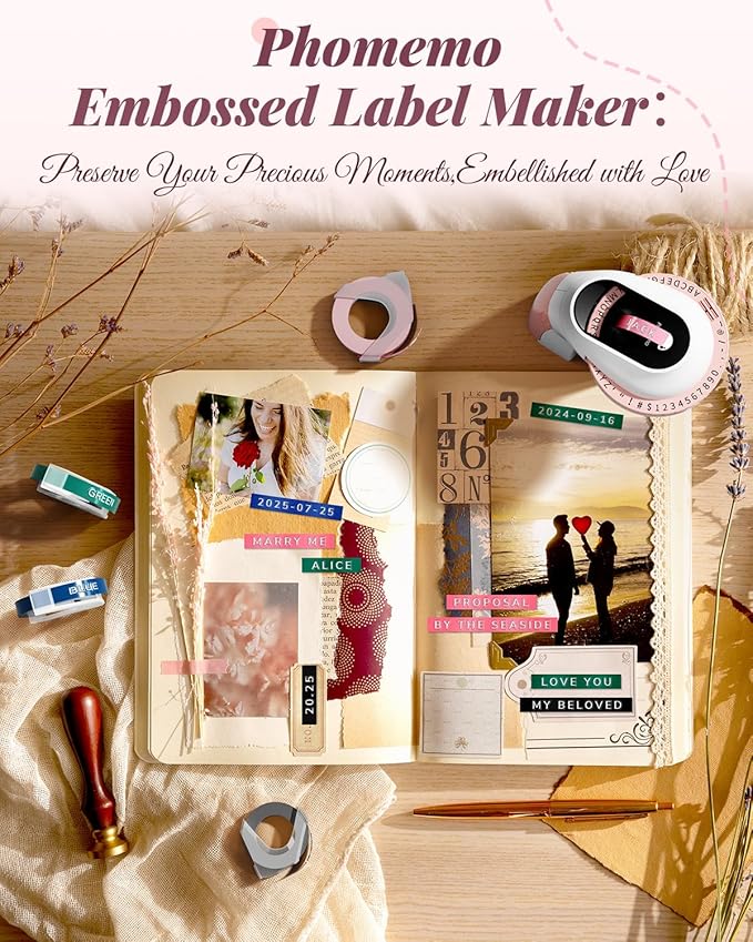 Phomemo Embossing Label Maker Machine, Retro Embossed Label Maker, Old School Embosser Labeler with 6 Rolls 3D Embossing Label Waterproof for Kid DIY Home School and Scrapbook Supplies Office, Pink