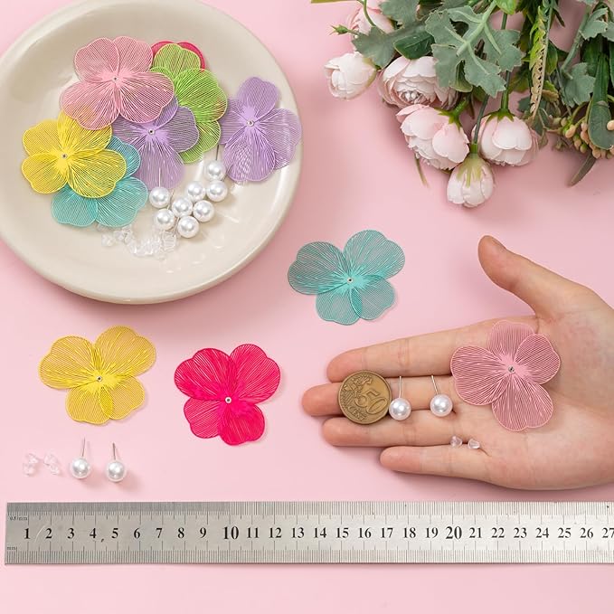 COLIGREE 6 Pairs Colorful Flower Pearl Stud Earring Set Hollow Floral Filigree Earring Making Kit for DIY Earrings Necklaces Rings Hair Jewelries