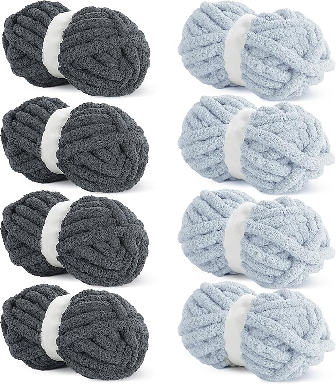 HOMBYS 8 Pack Assorted Chunky Yarn for Crocheting,Super Bulky Large Soft Fluffy Yarn,Plush Fuzzy Yarn,Thick Chenille Yarn for Hand Knitting/Arm Knitting,4 Dark Grey & 4 Grey(27yds,8 oz Each Skein)