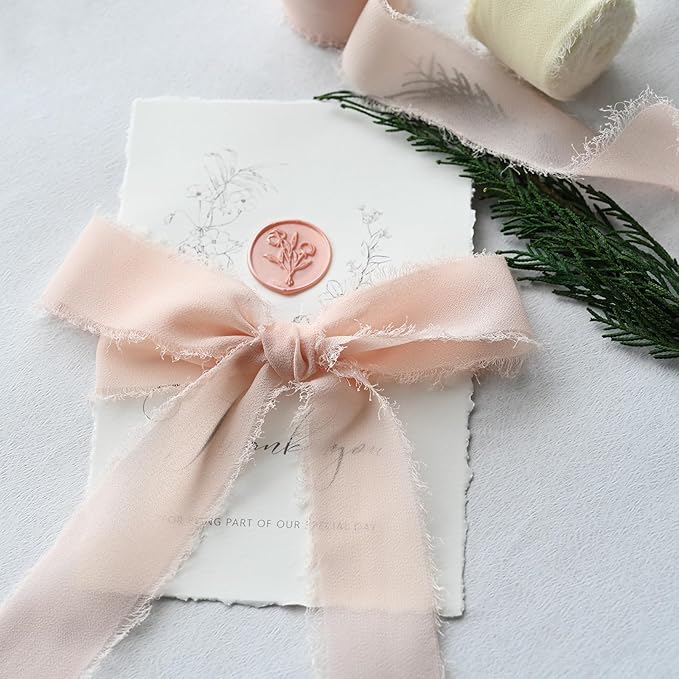 3 Rolls Light Pink Handmade Fringe Chiffon Ribbon 1.5" x 7Yd Silk-Like Colorful Rustic Ribbon for Bouquets Wrapping Decor Wedding Invitation Accessories