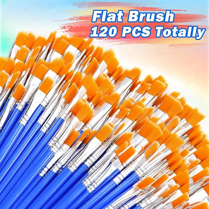 Small Paint Brushes Bulk 120 Pcs - Flat Tip for Acrylic Watercolor Canvas Face Painting, Kids Classroom Art Supplies & Touch Up Kits